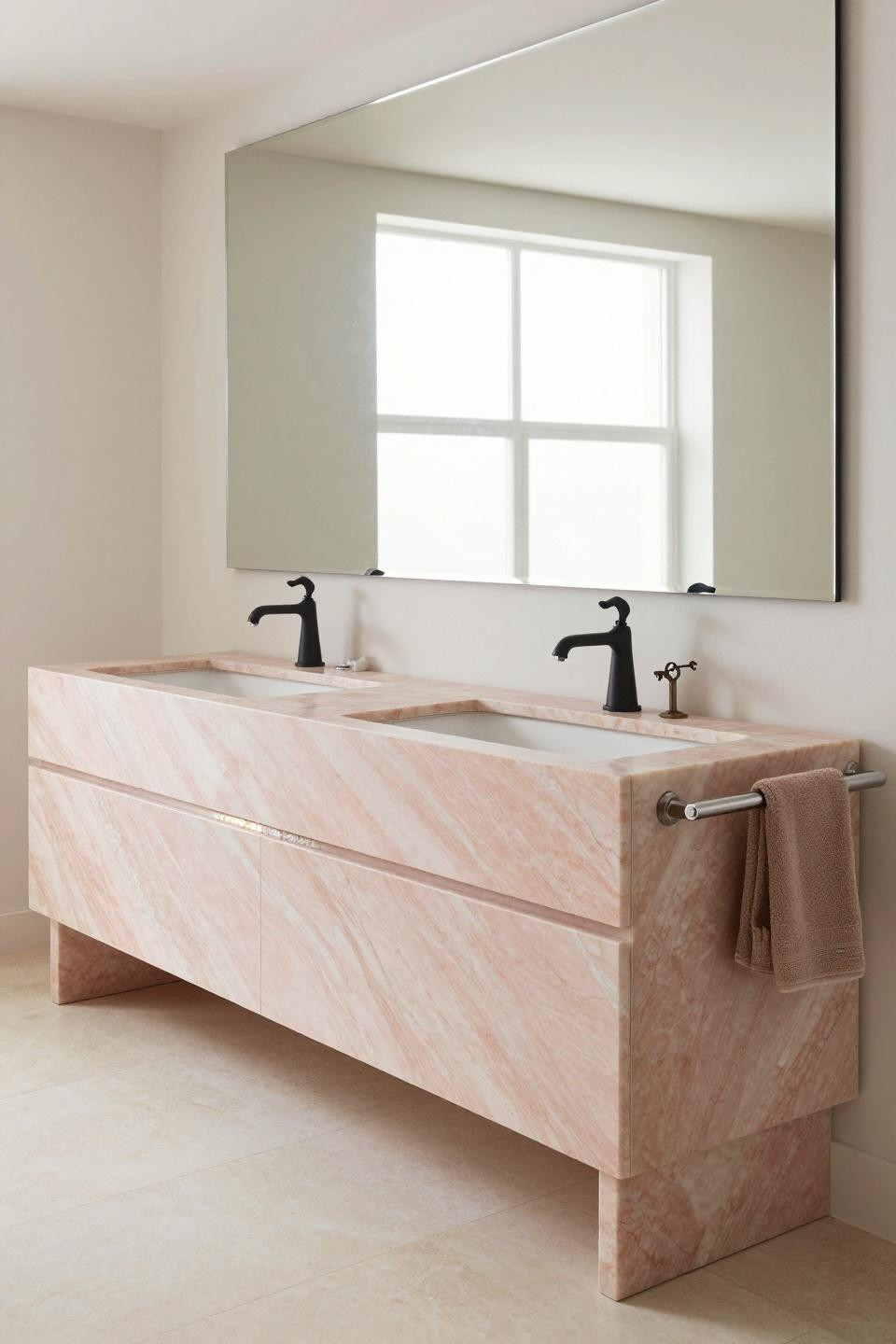 Large bathroom vanity in blush pink Calacatta marble with black faucets