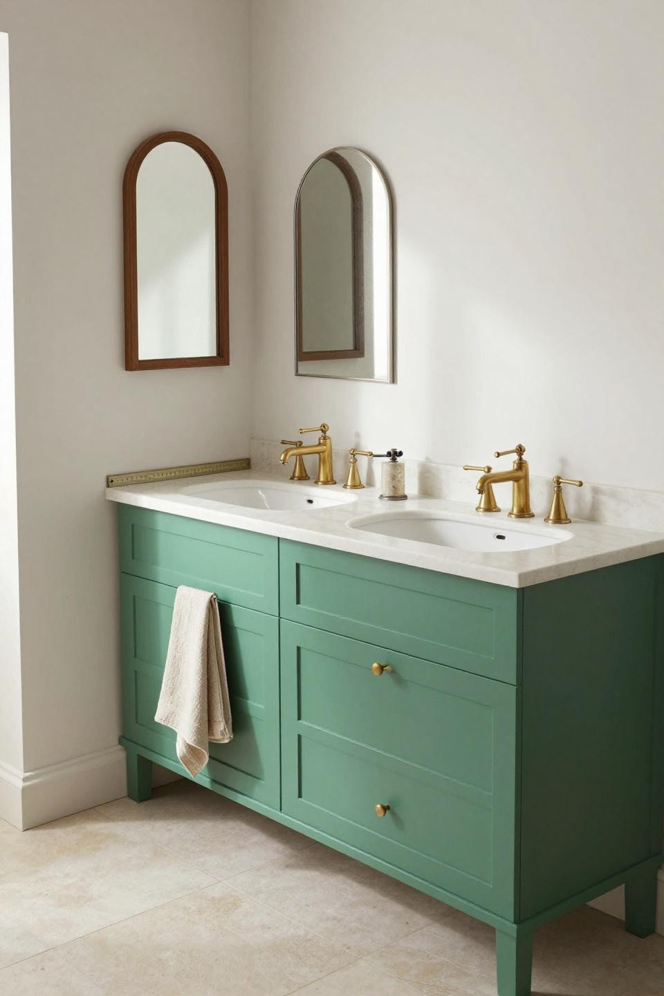 Double sink bathroom vanity with sage green shaker cabinets and brass faucets