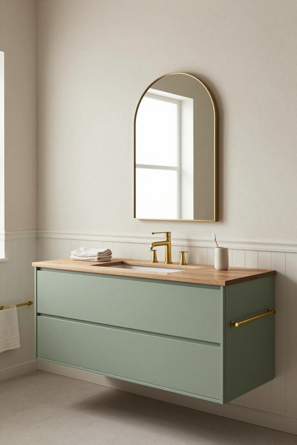 Bathroom mood board inspiration with floating sage green vanity and olive wood countertop