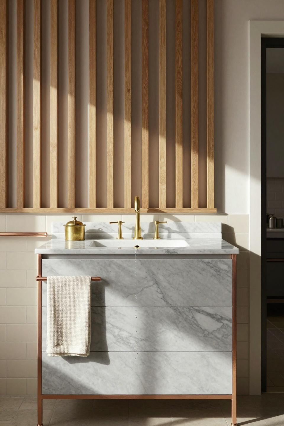 Bathroom mood board inspiration with emerald lacquered vanity and Calacatta marble