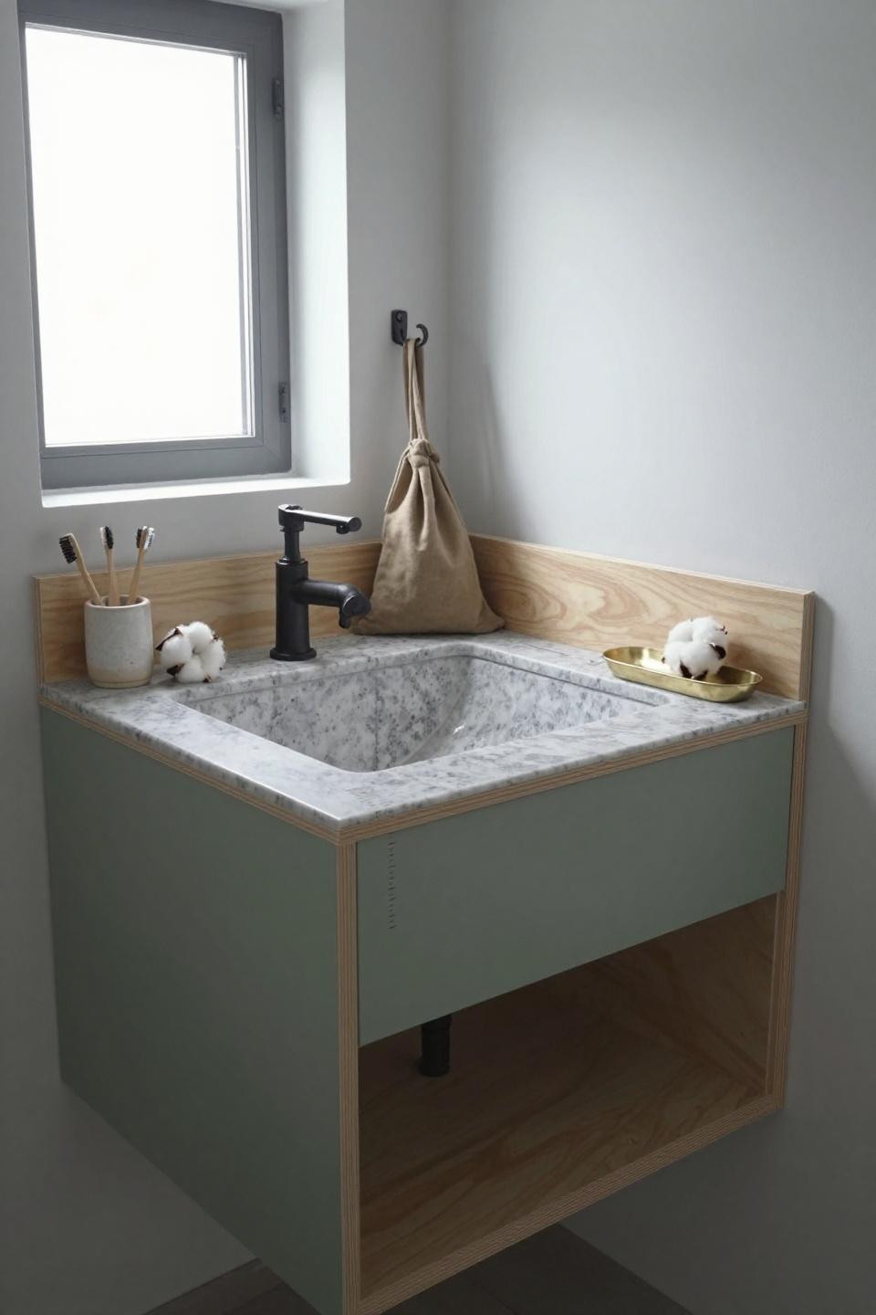 Bathroom mood board inspiration with DIY sage green plywood vanity