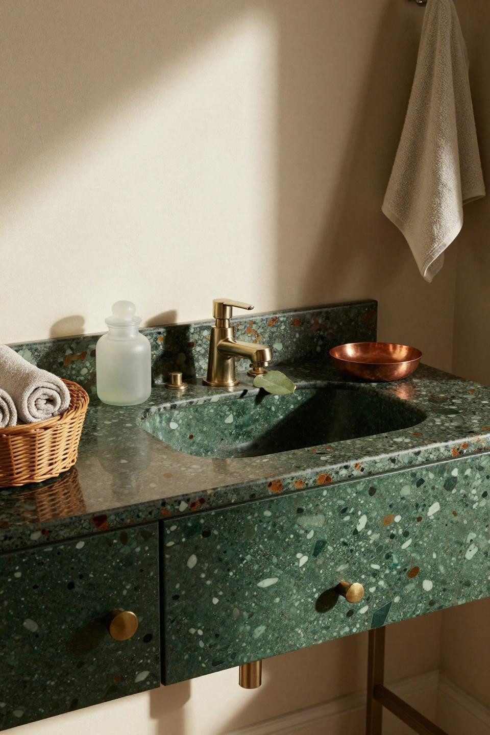 Bathroom mood board inspiration with dark forest green vanity and terrazzo countertop
