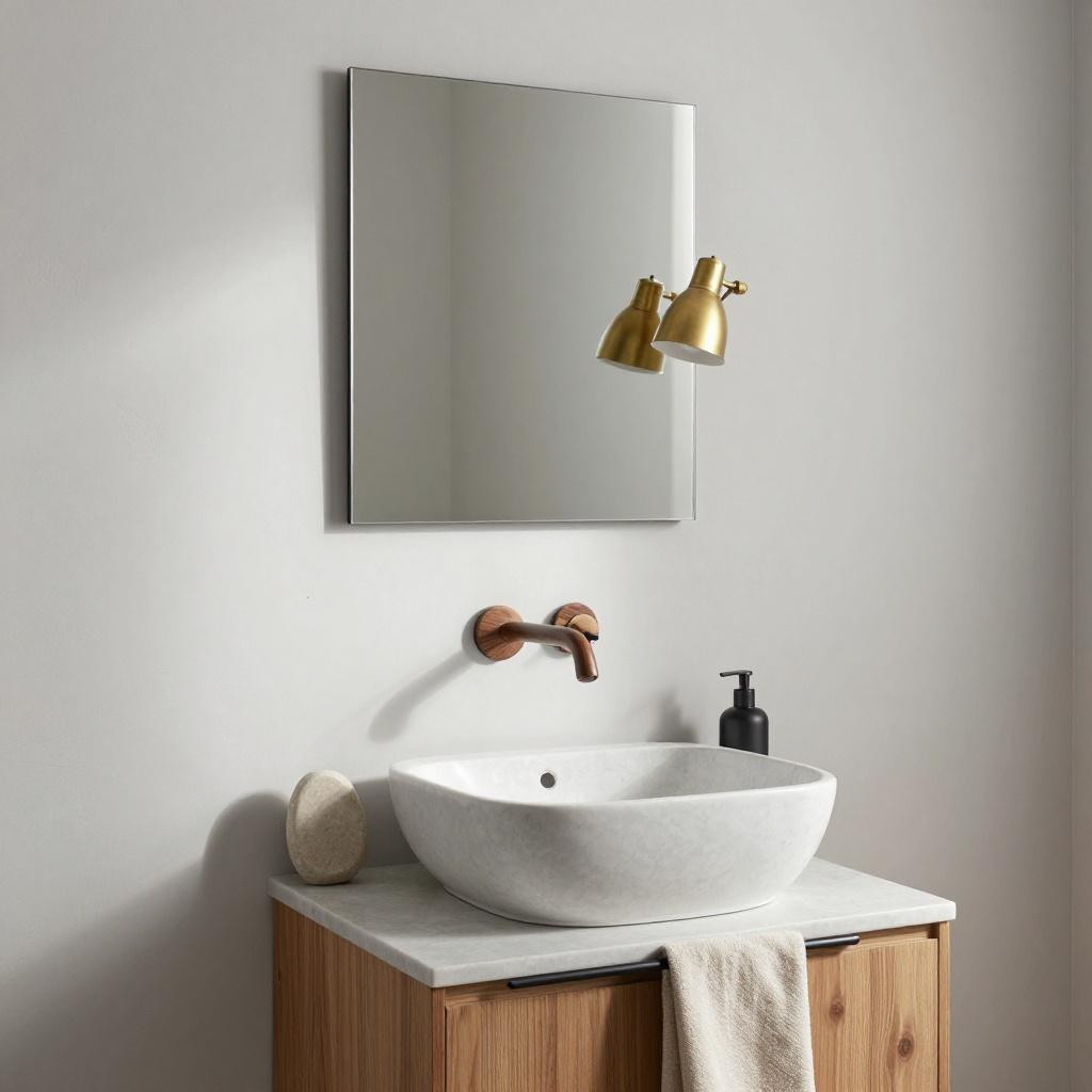 Bathroom mood board inspiration with pale teak wall-mounted vanity and travertine basin