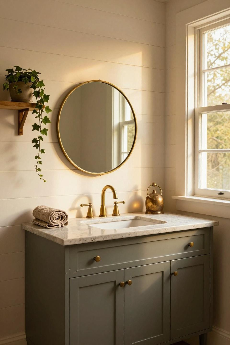 Bathroom mood board inspiration with charcoal-grey-green built-in vanity and brass mirror