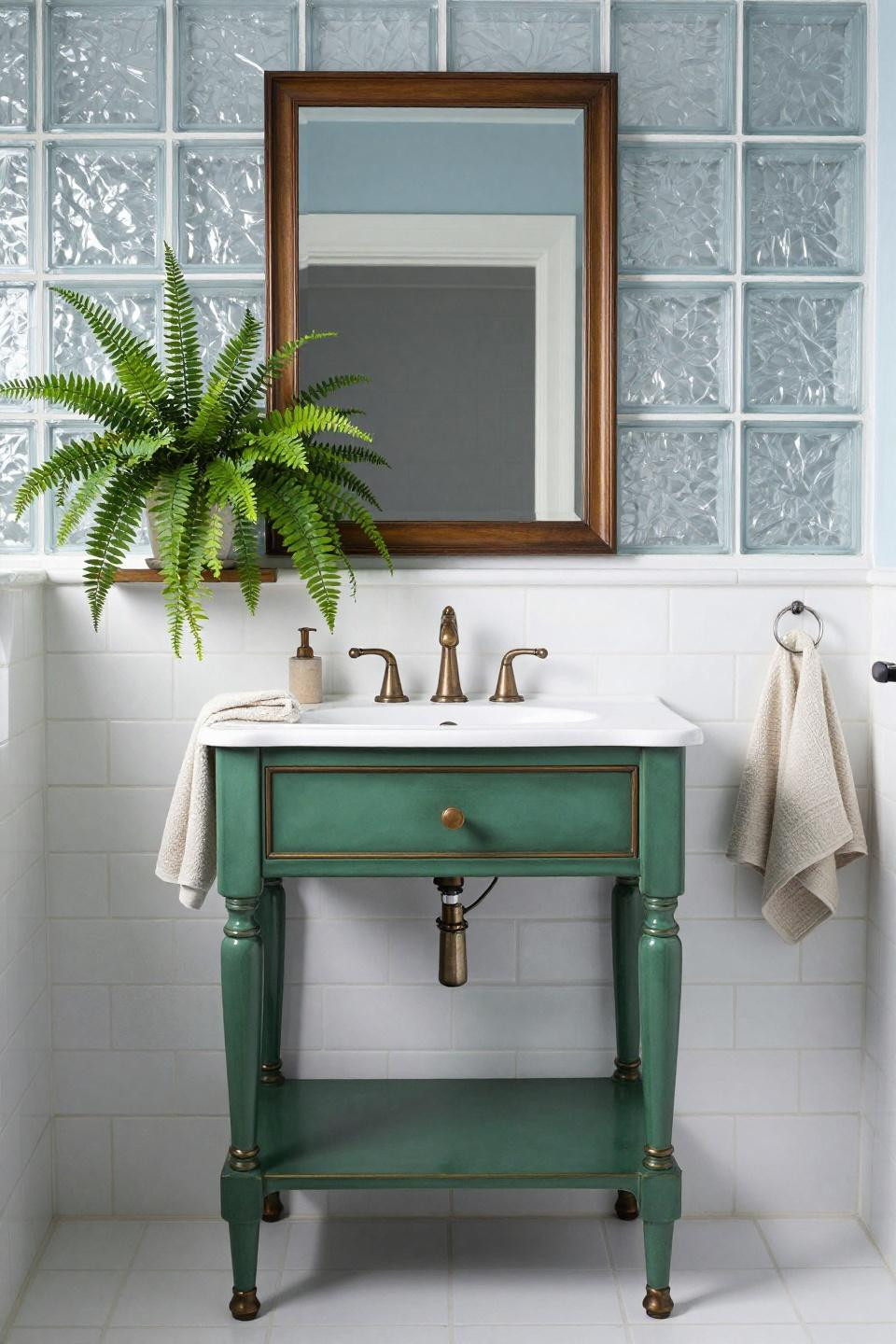 Bathroom mood board inspiration with hunter green pedestal ceramic vanity
