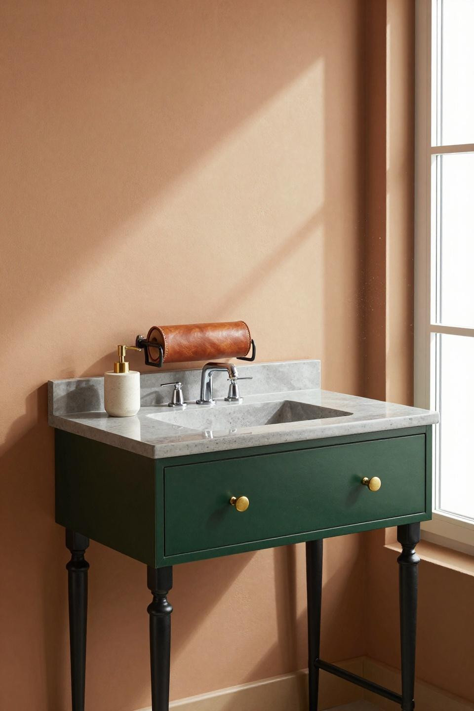 Dark green bathroom cabinets with blackened steel legs and polished concrete countertop