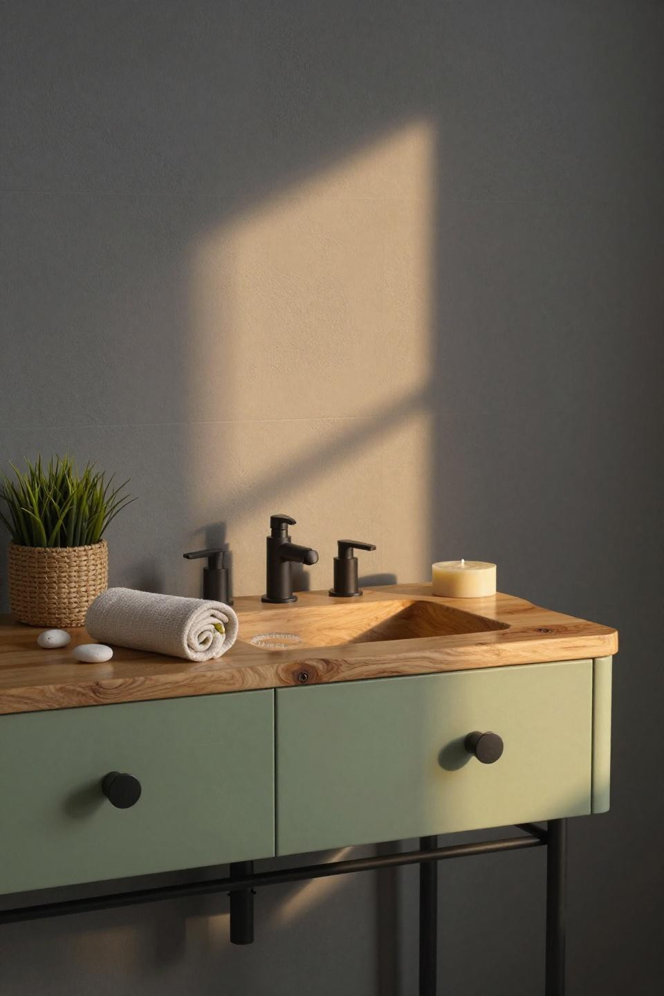 Sage green bathroom ideas with pistachio-green lacquered vanity and oak countertop