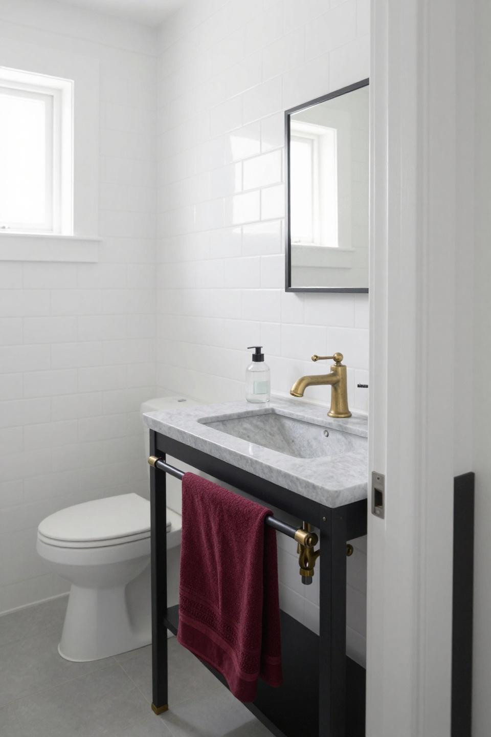 Green and white bathroom with matte black steel-frame vanity and limestone countertop