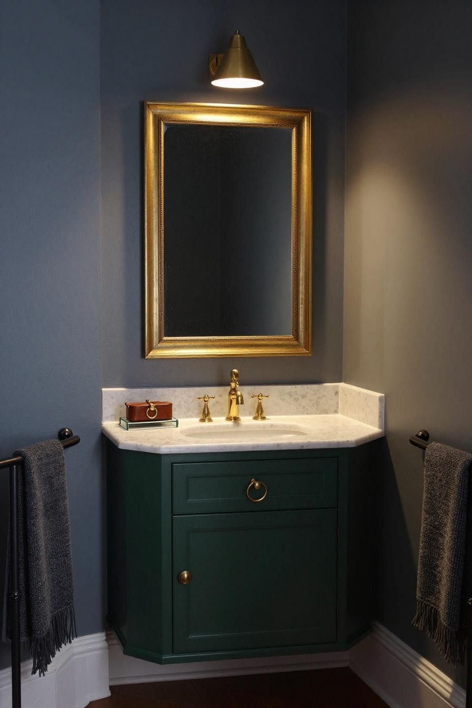 Dark green vanity in forest green lacquer with unlacquered brass hardware