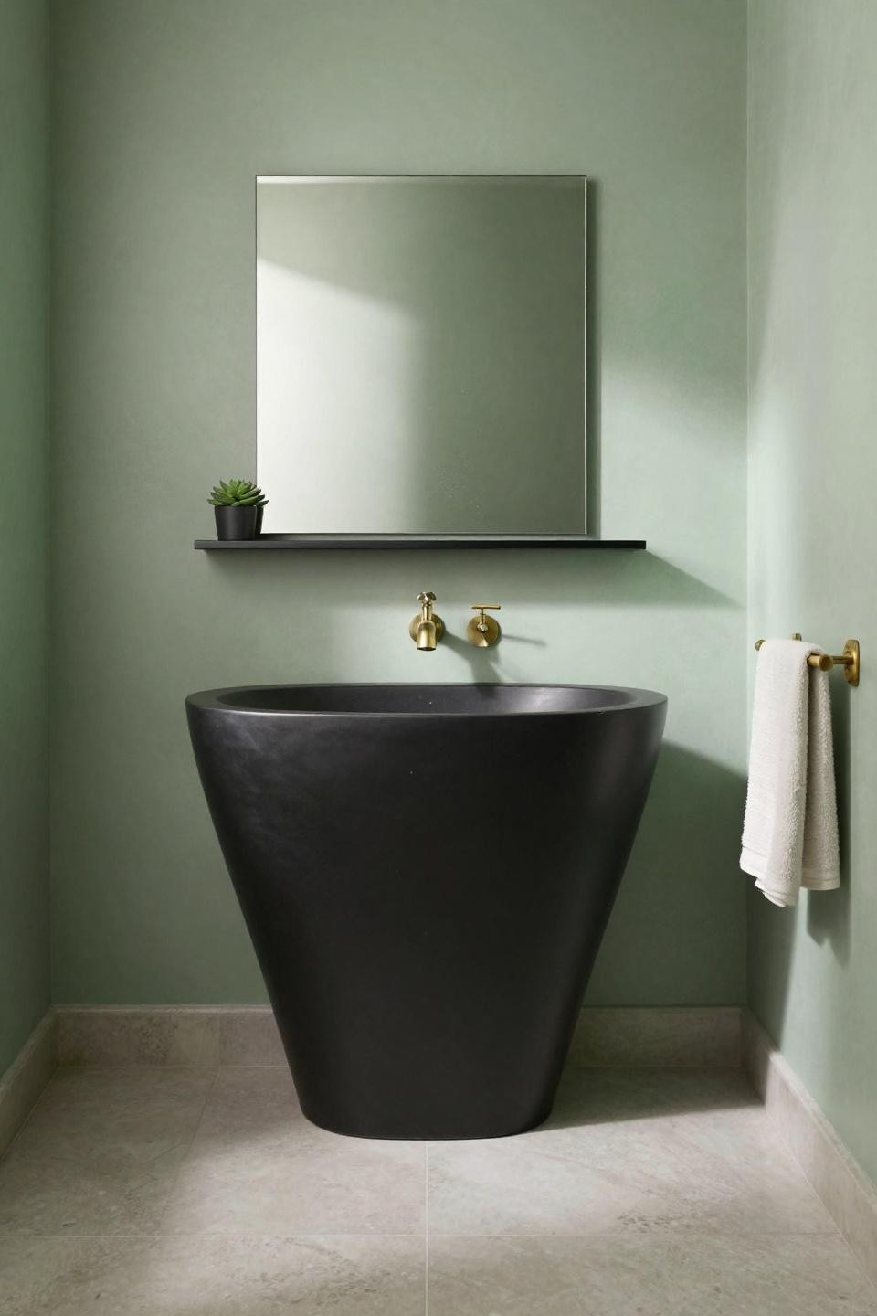 Green bathroom colors with matte black steel vanity against sage venetian plaster