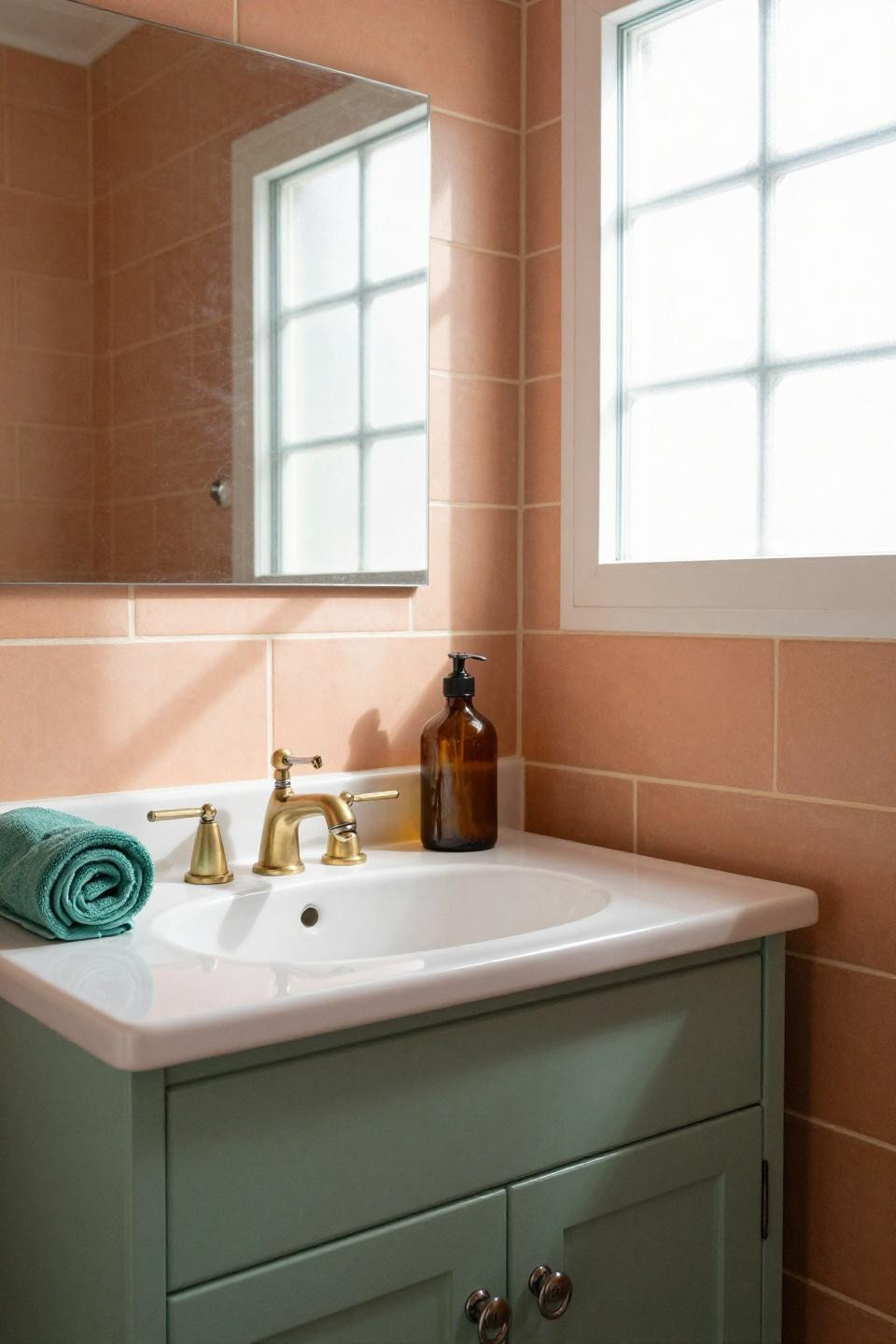 Sage bathroom vanity in mint-green with peachy terracotta clay walls