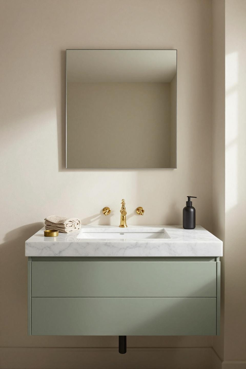 Green and gold bathroom with sage-stained oak floating vanity and Carrara marble