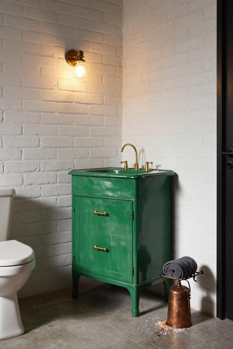 Green master bath with vintage cast-iron pedestal vanity in forest green