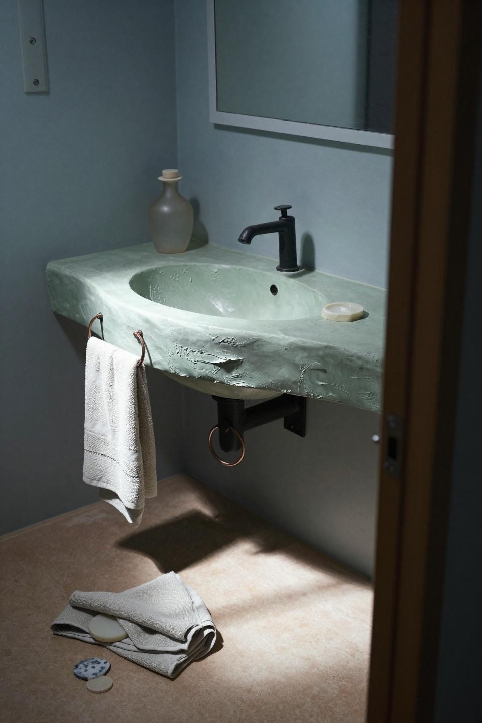 Small full bathroom ideas featuring pale celadon-green plaster vanity
