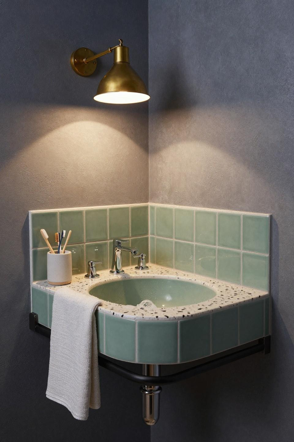 Green bathroom vanity with sage tile-clad built-in and integrated curved basin