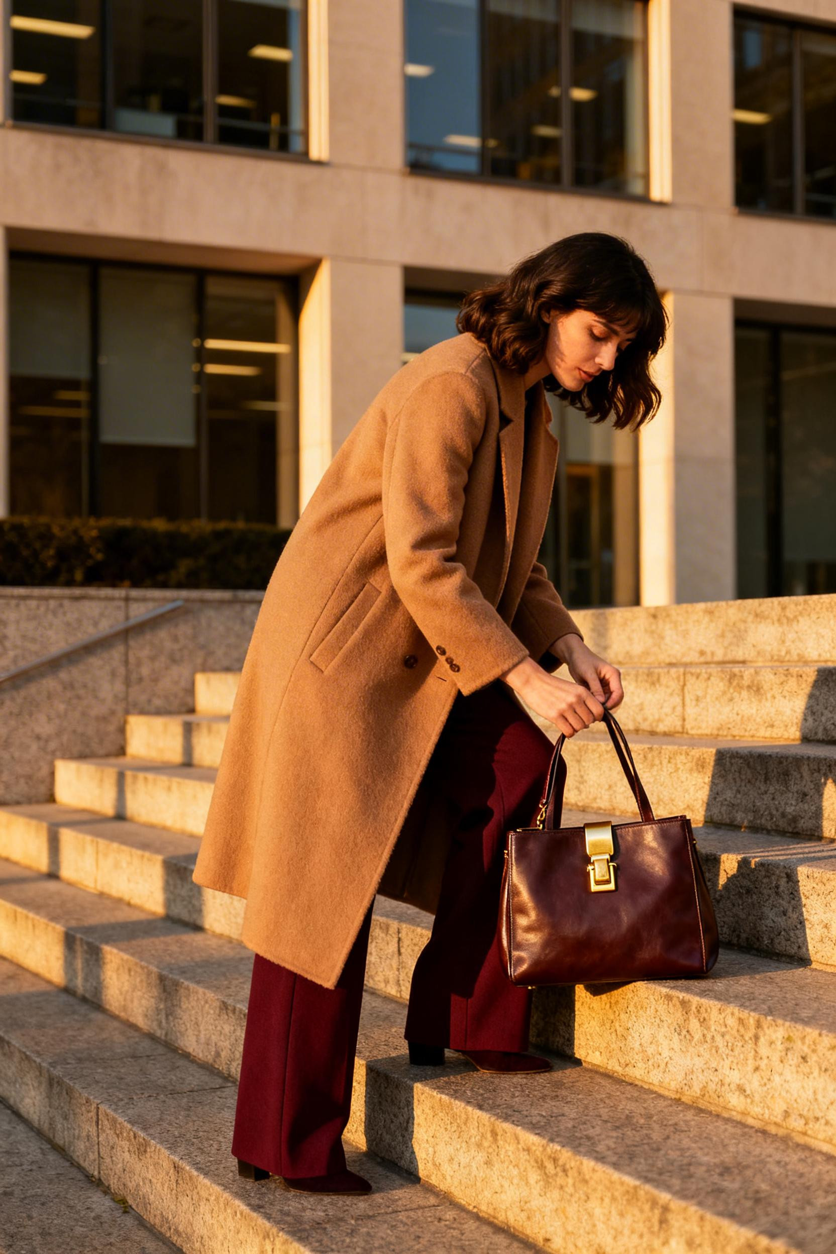 Autumn Work Outfits Women Professional - camel coat burgundy trousers