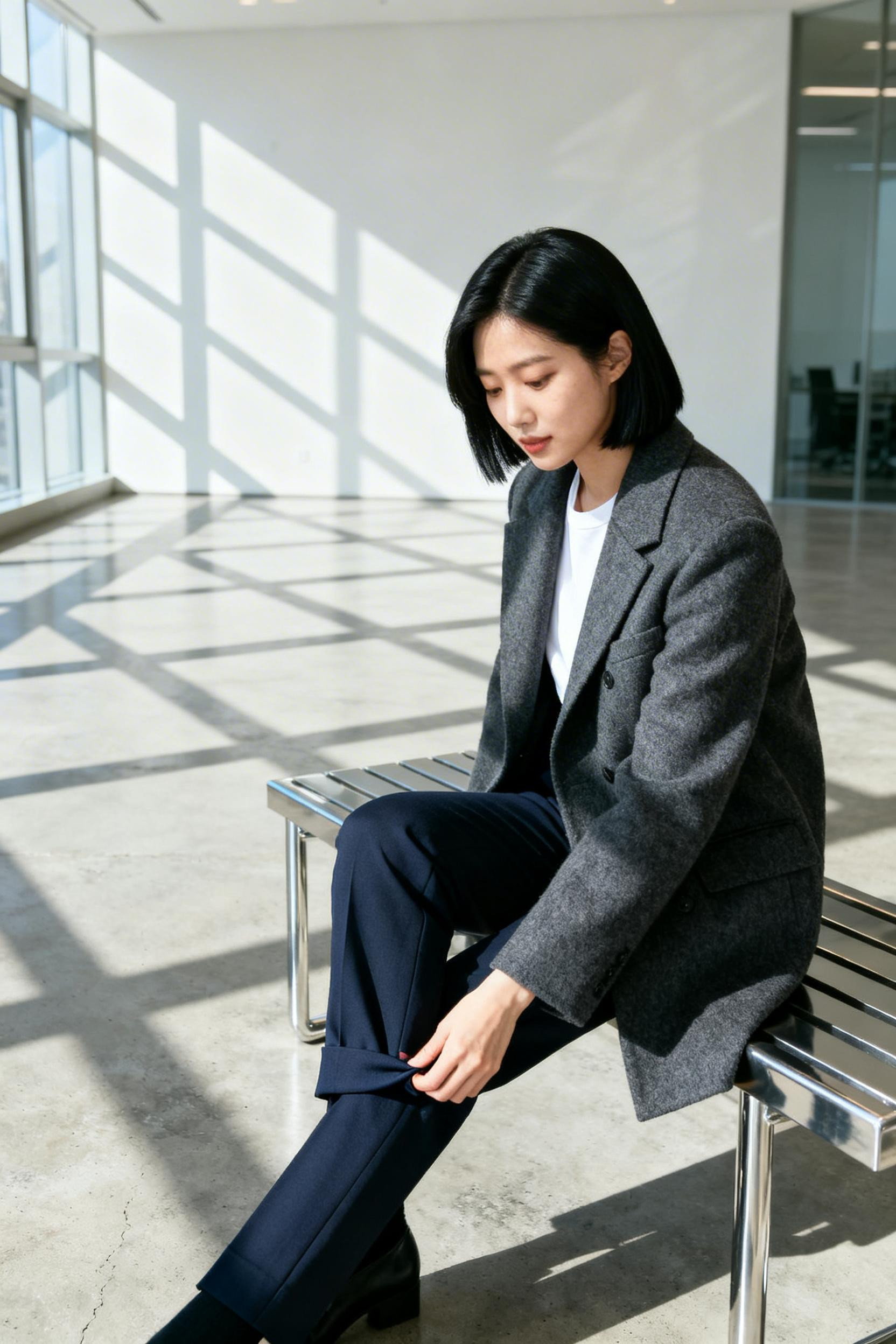 Autumn Business Casual Outfits - charcoal coat white tee