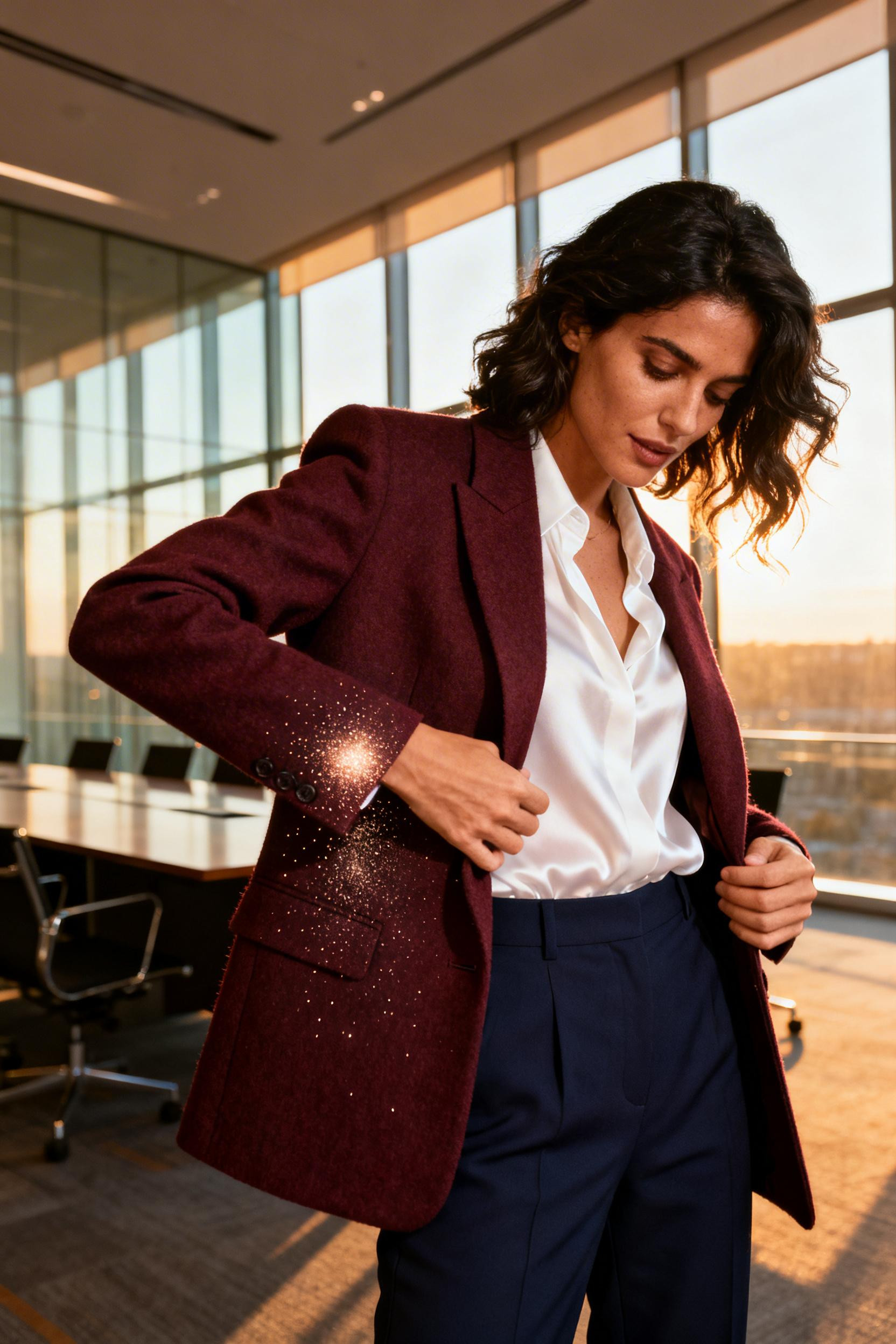 Smart Casual Work Outfit Autumn - burgundy blazer unbuttoning