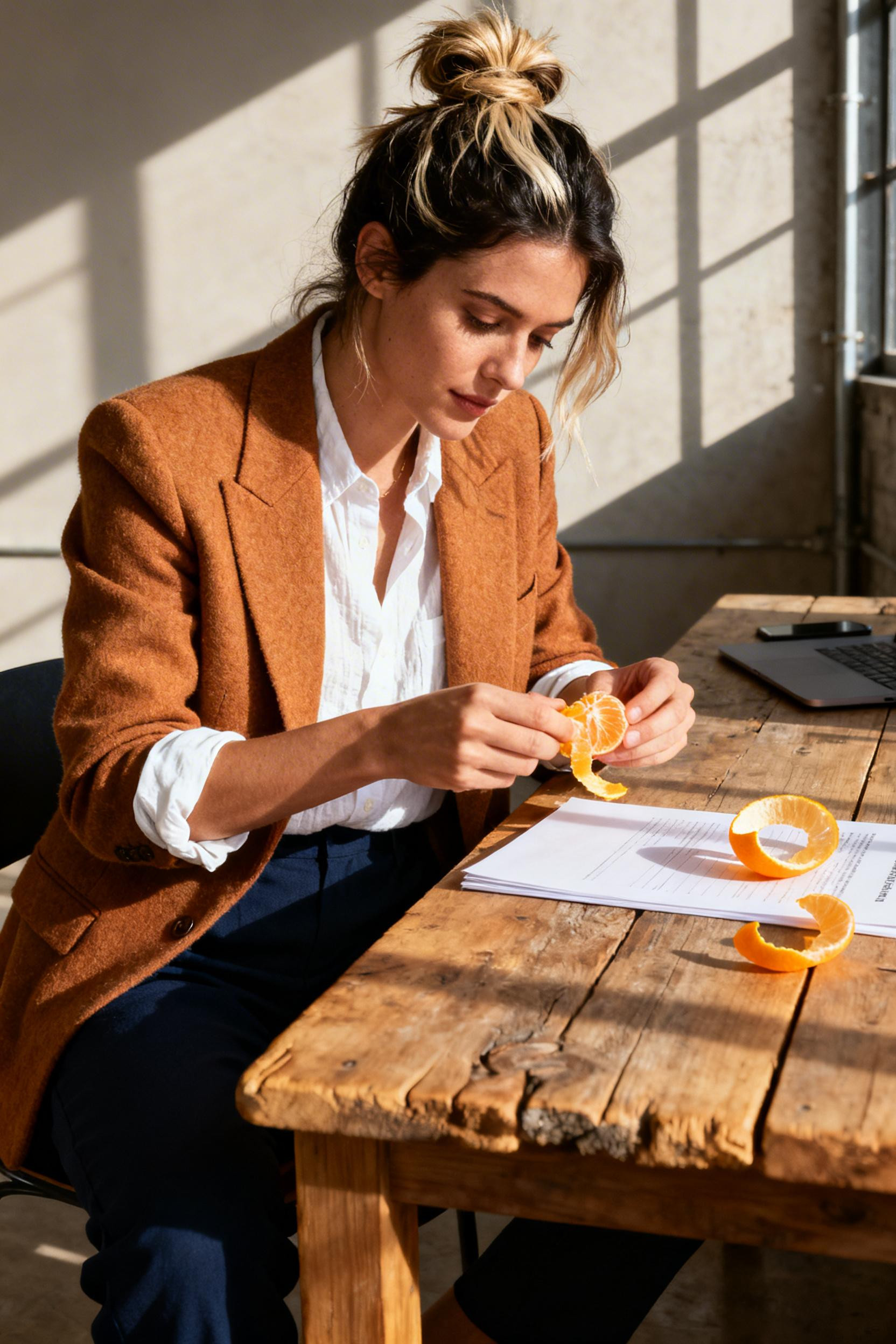Corporate Fall Outfits - camel blazer white linen