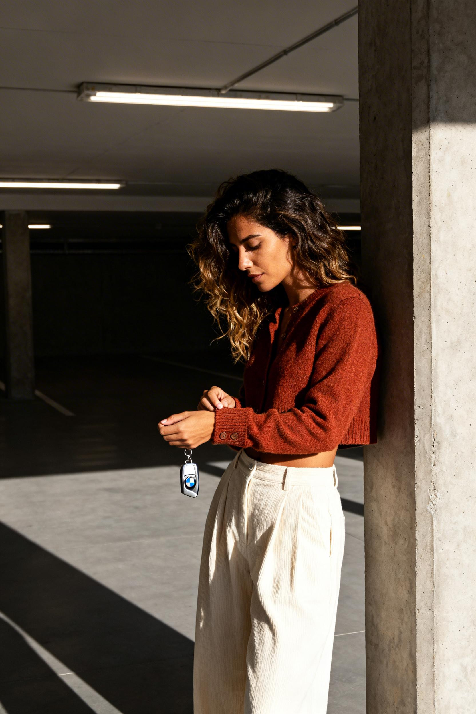 Winter Office Looks - rust cardigan cream linen