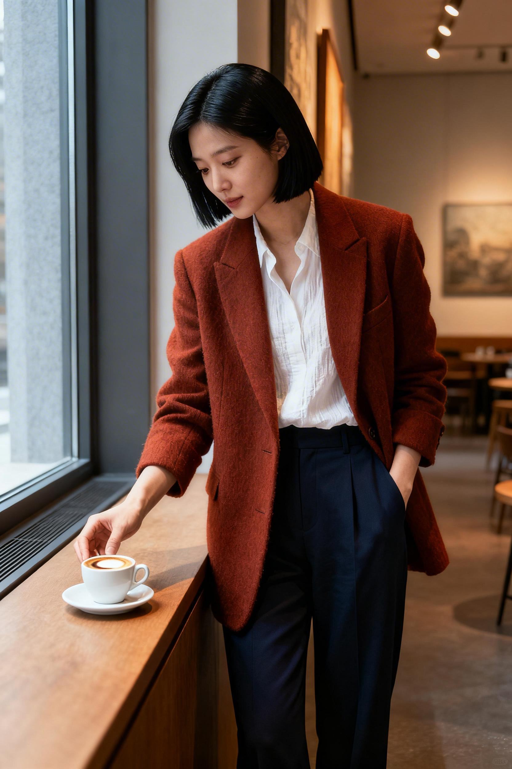 Smart Casual Work Outfit Autumn - rust blazer white shirt