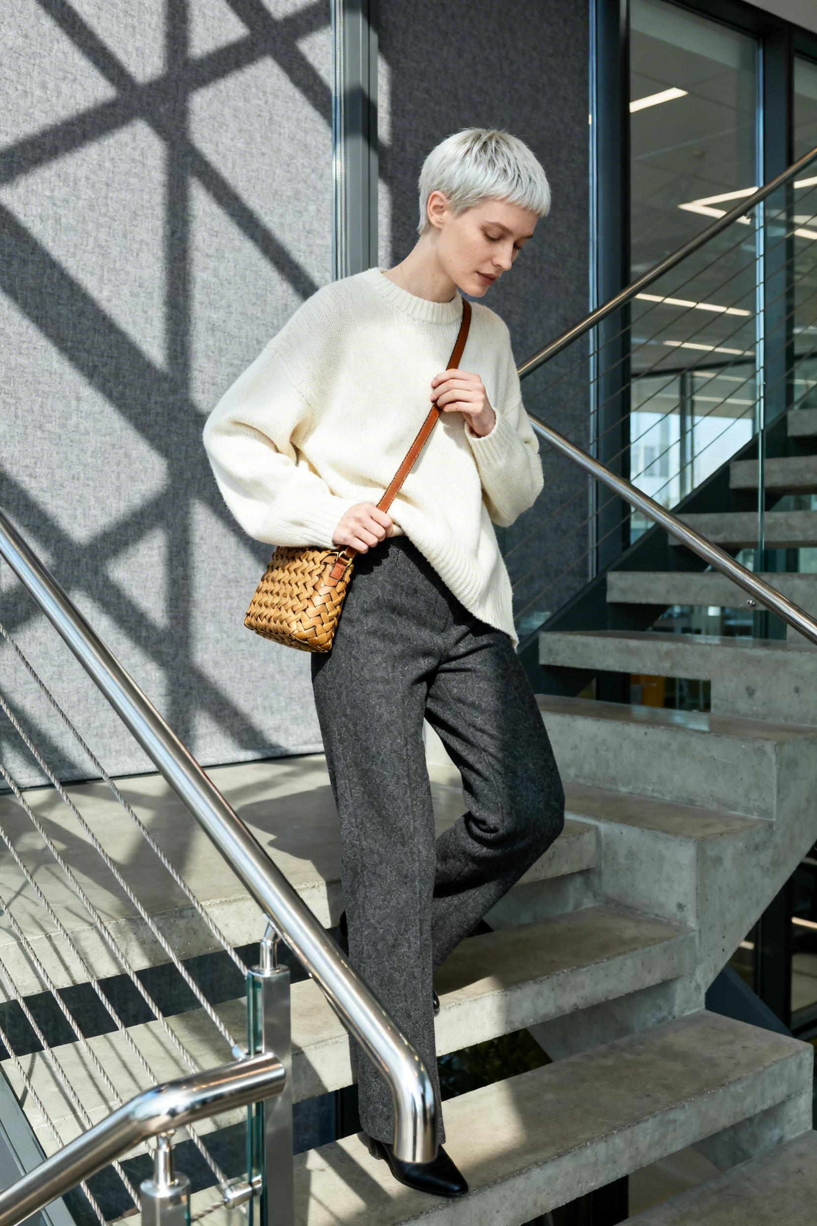 Autumn Work Outfits Women Casual - charcoal trousers cream sweater