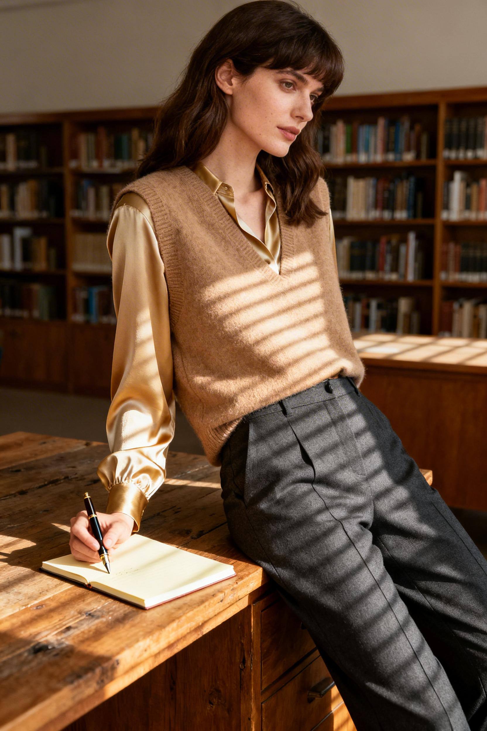Corporate Fall Outfits - camel vest gold silk