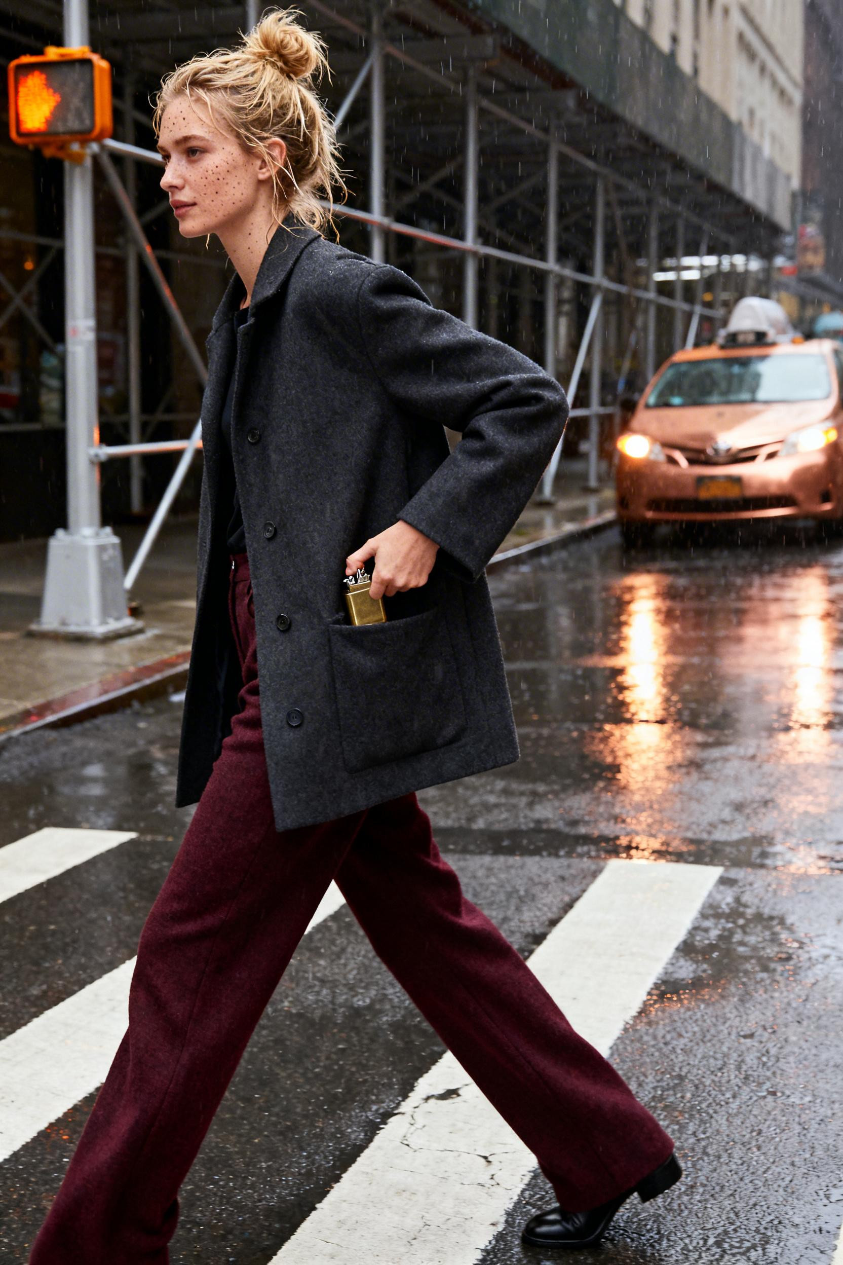 Winter Office Fashion - burgundy trousers coat