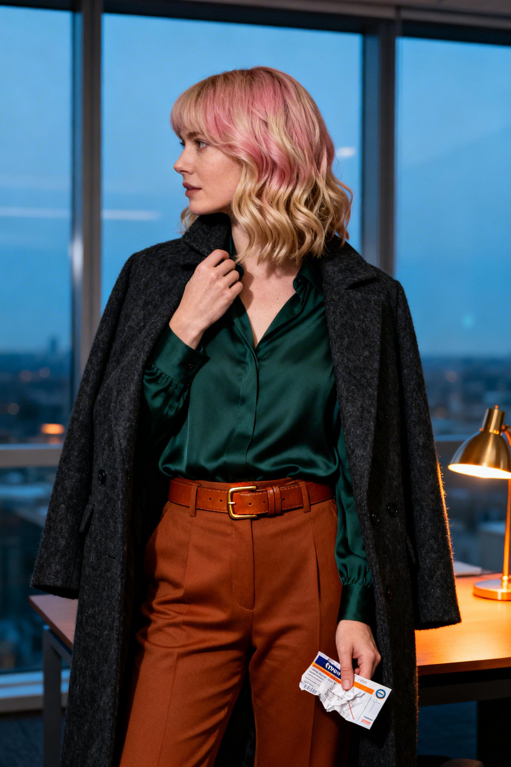 Autumn Corporate Outfits - charcoal coat forest blouse