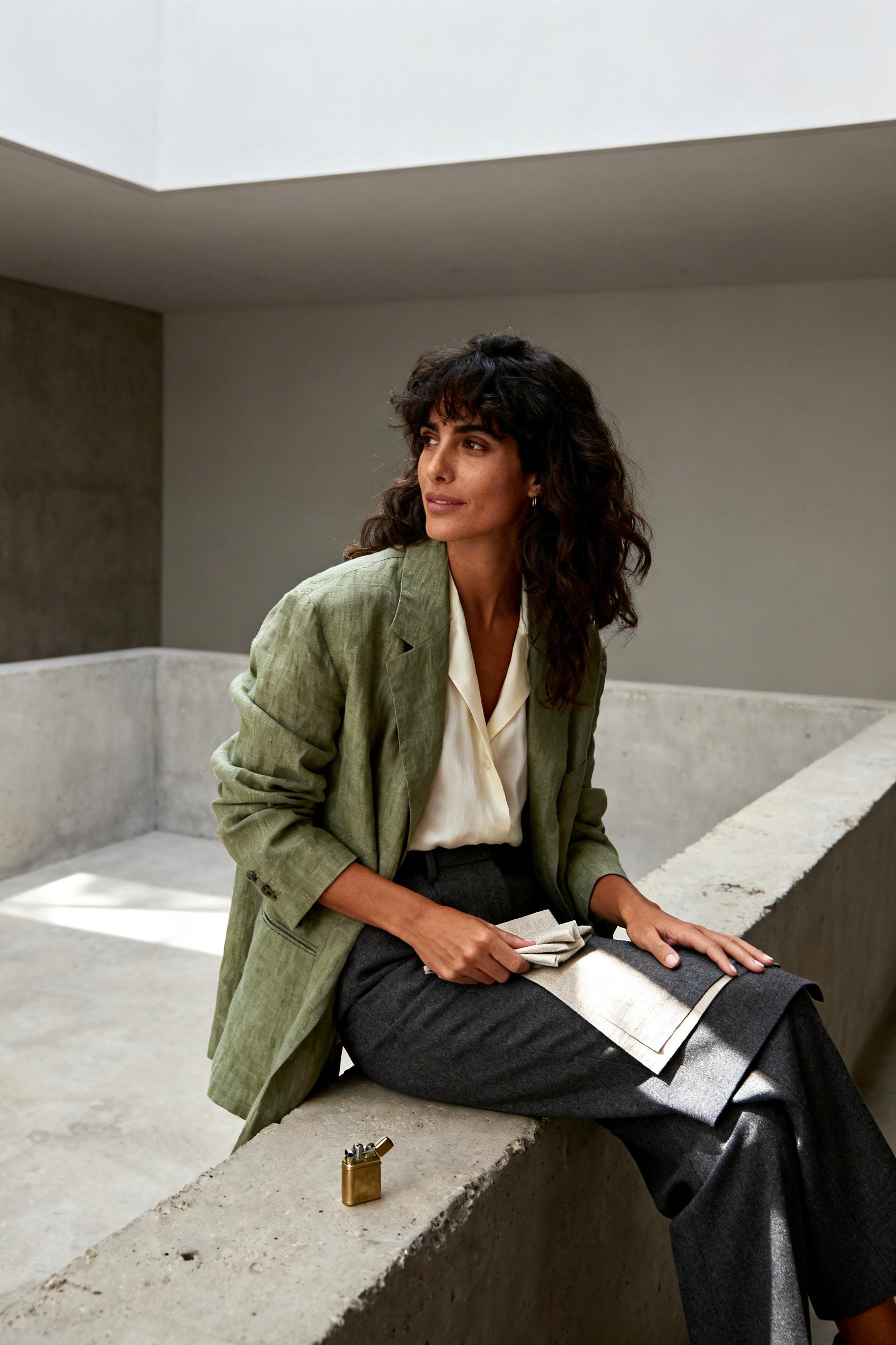 Autumn Business Casual Outfits - sage blazer charcoal trousers