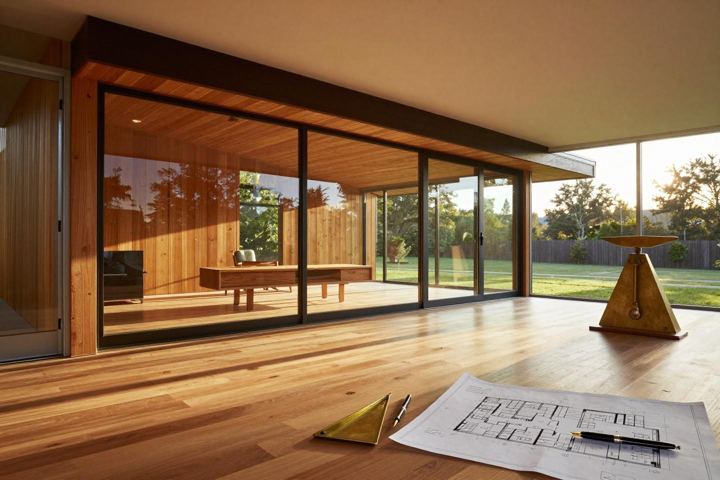 Bloxburg home layout featuring single-story mid-century home with butterfly roof overhang