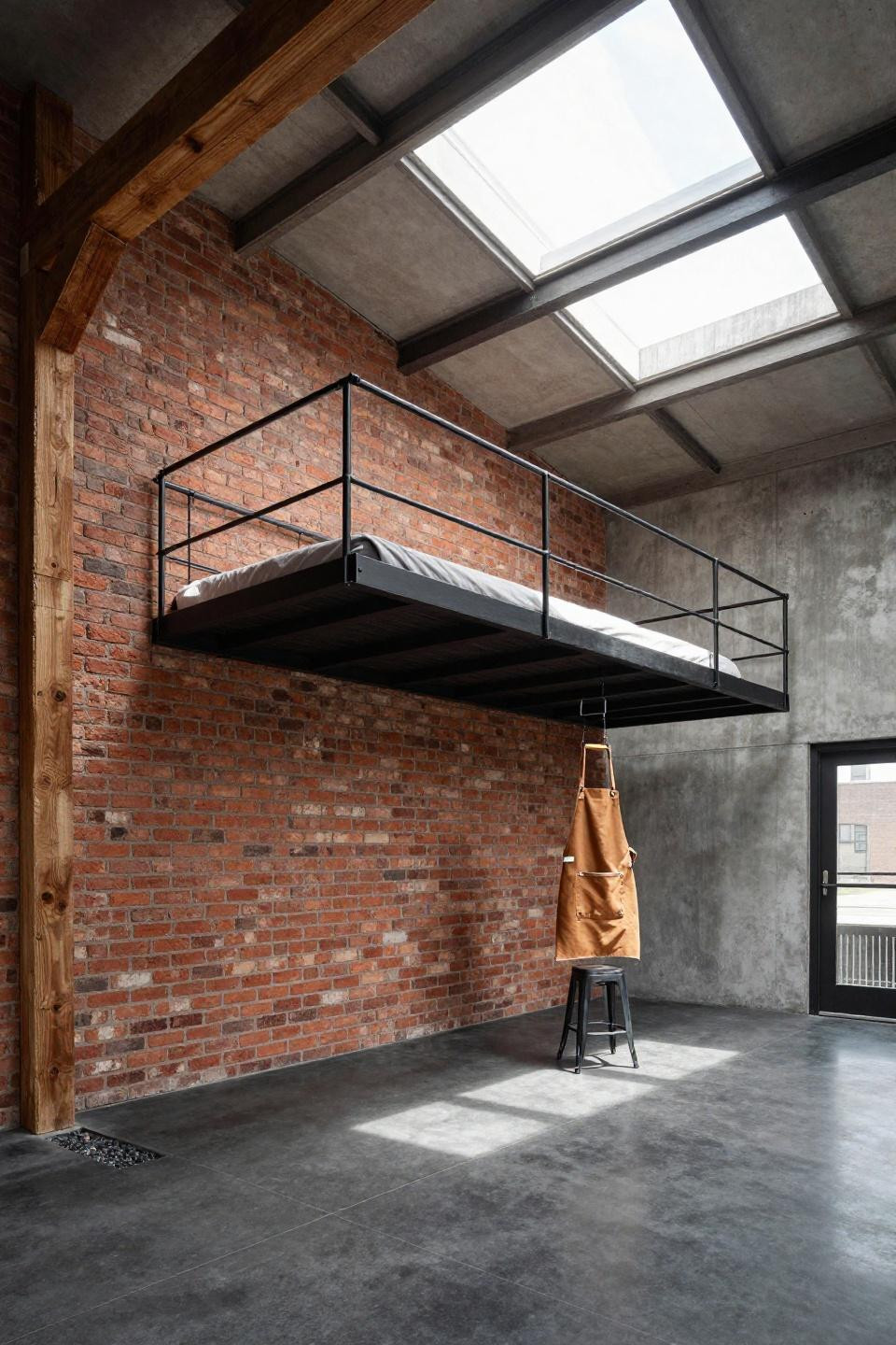 Bloxburg home layout showcasing L-shaped industrial loft with exposed brick walls