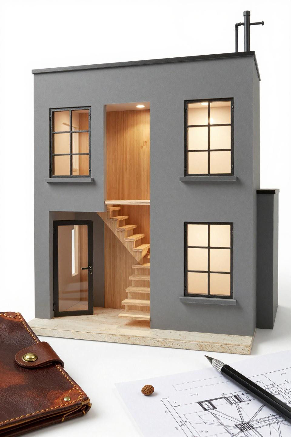 Bloxburg house plans featuring modular three-story townhouse with honey oak staircase