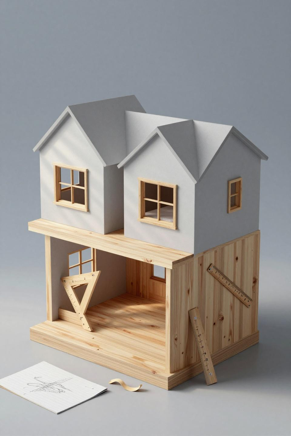 Bloxburg house inspo featuring unconventional U-shaped two-story home with honey pine framing