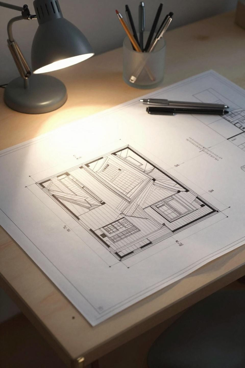 Bloxburg house blueprints showing Scandinavian split-level cottage floor plan on vellum