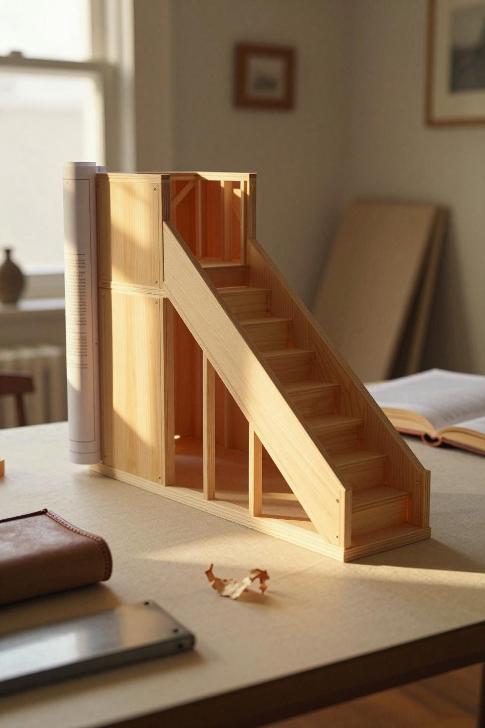 Bloxburg house floorplan with blonde pine architectural model and exposed interior framing