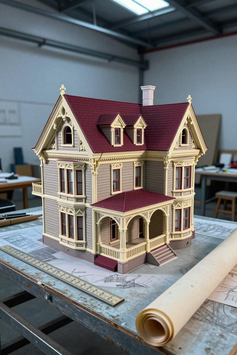 Free house design featuring three-story Victorian mansion with burgundy roofline