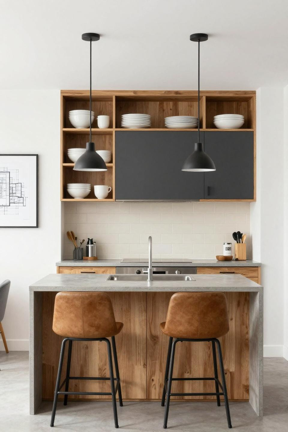 Bloxburg kitchen layout with natural wood shelving and charcoal cabinets