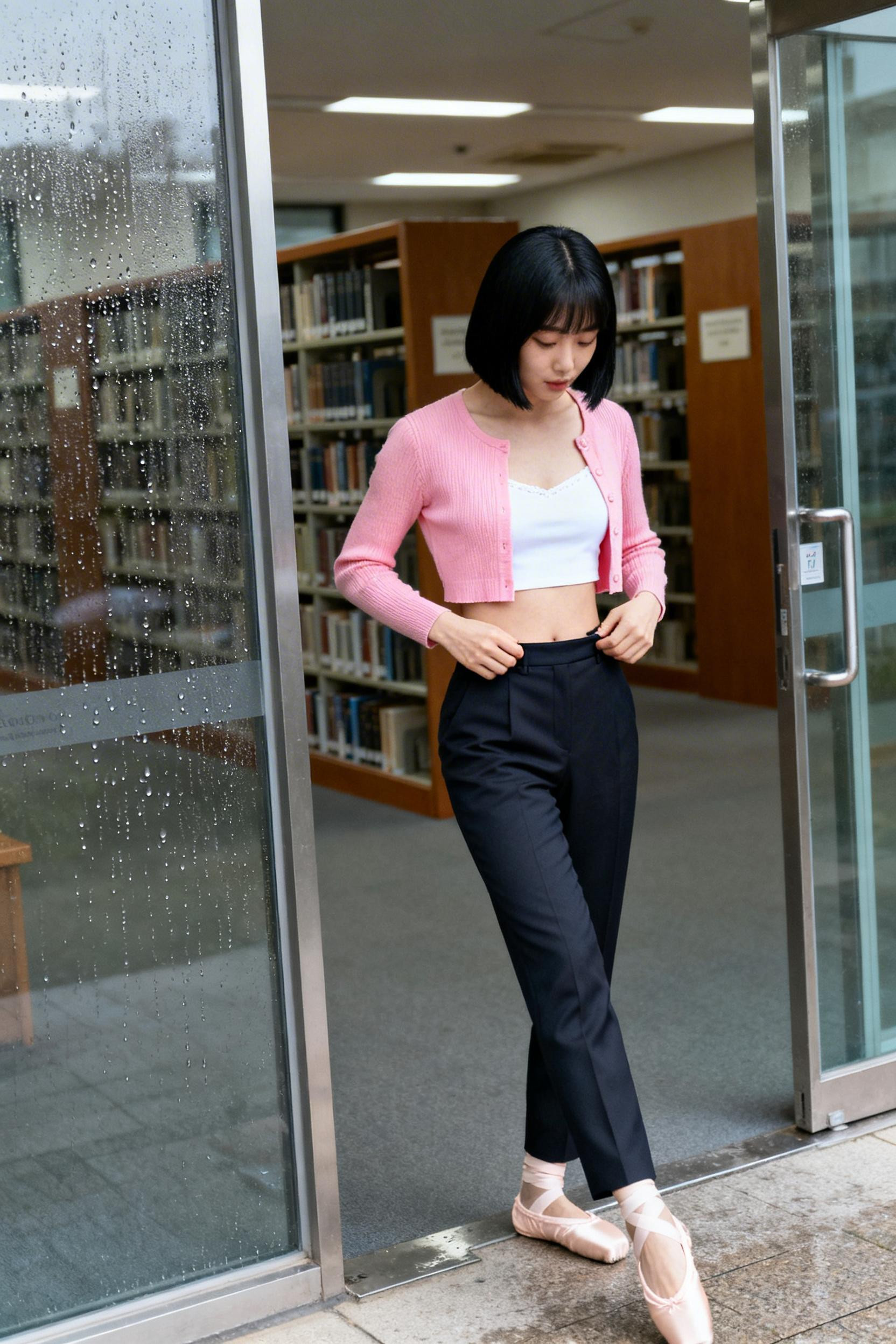 Girly Work Outfits - pink cardigan high waist trousers