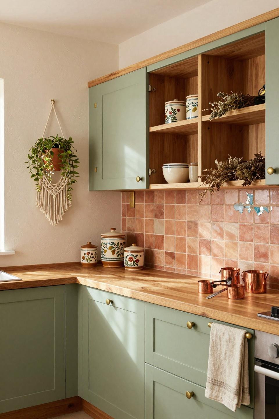 Bloxburg layout ideas featuring bohemian sage green and honey wood vintage cabinets