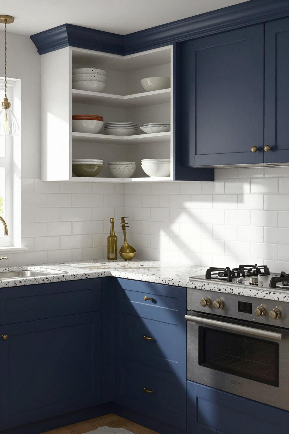 Small Bloxburg kitchen with deep midnight blue lower cabinetry and terrazzo counters