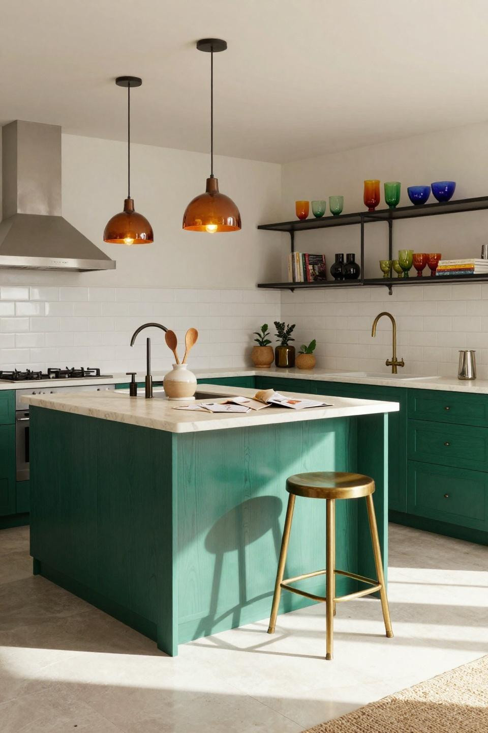 Bloxburg house inspo featuring emerald lacquered oak and marble waterfall countertop