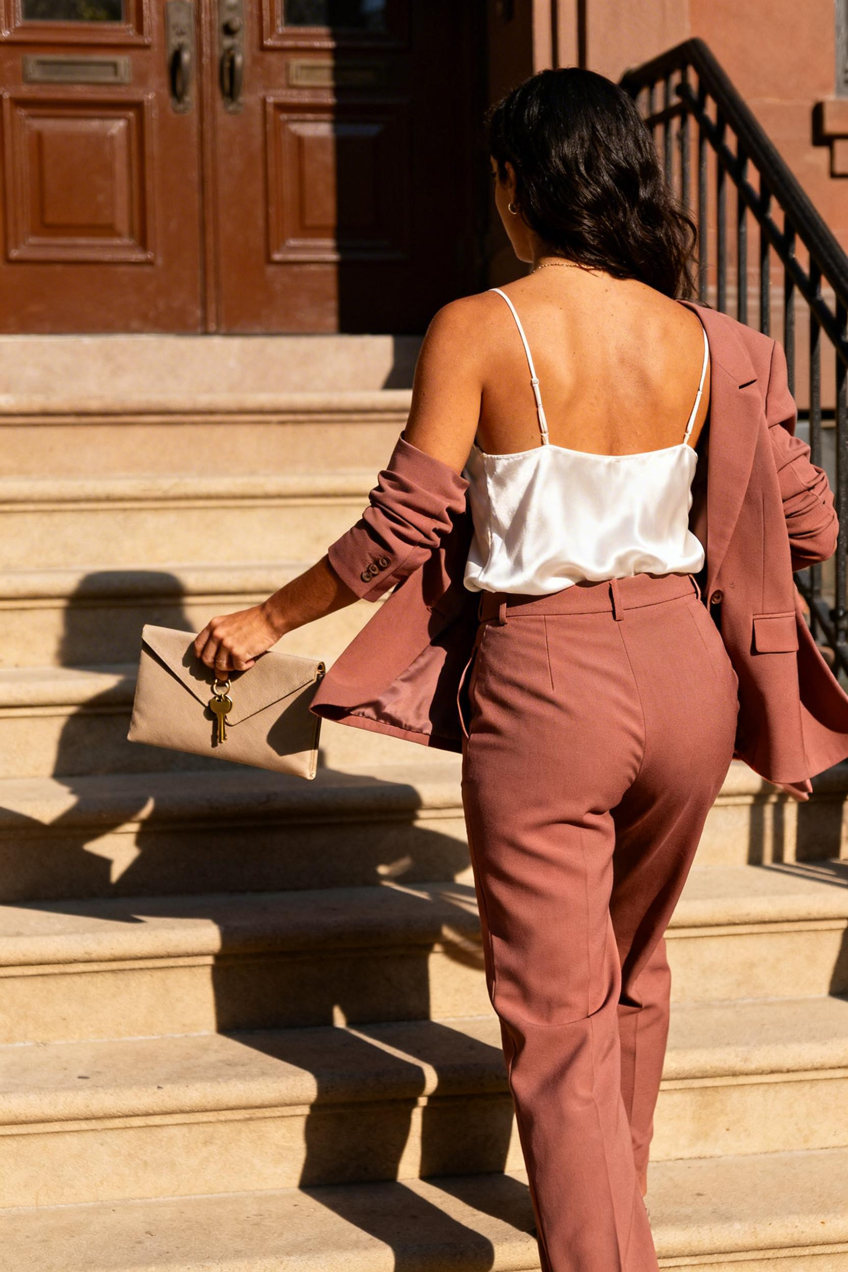 Pink Classy Outfits - dusty rose blazer trousers