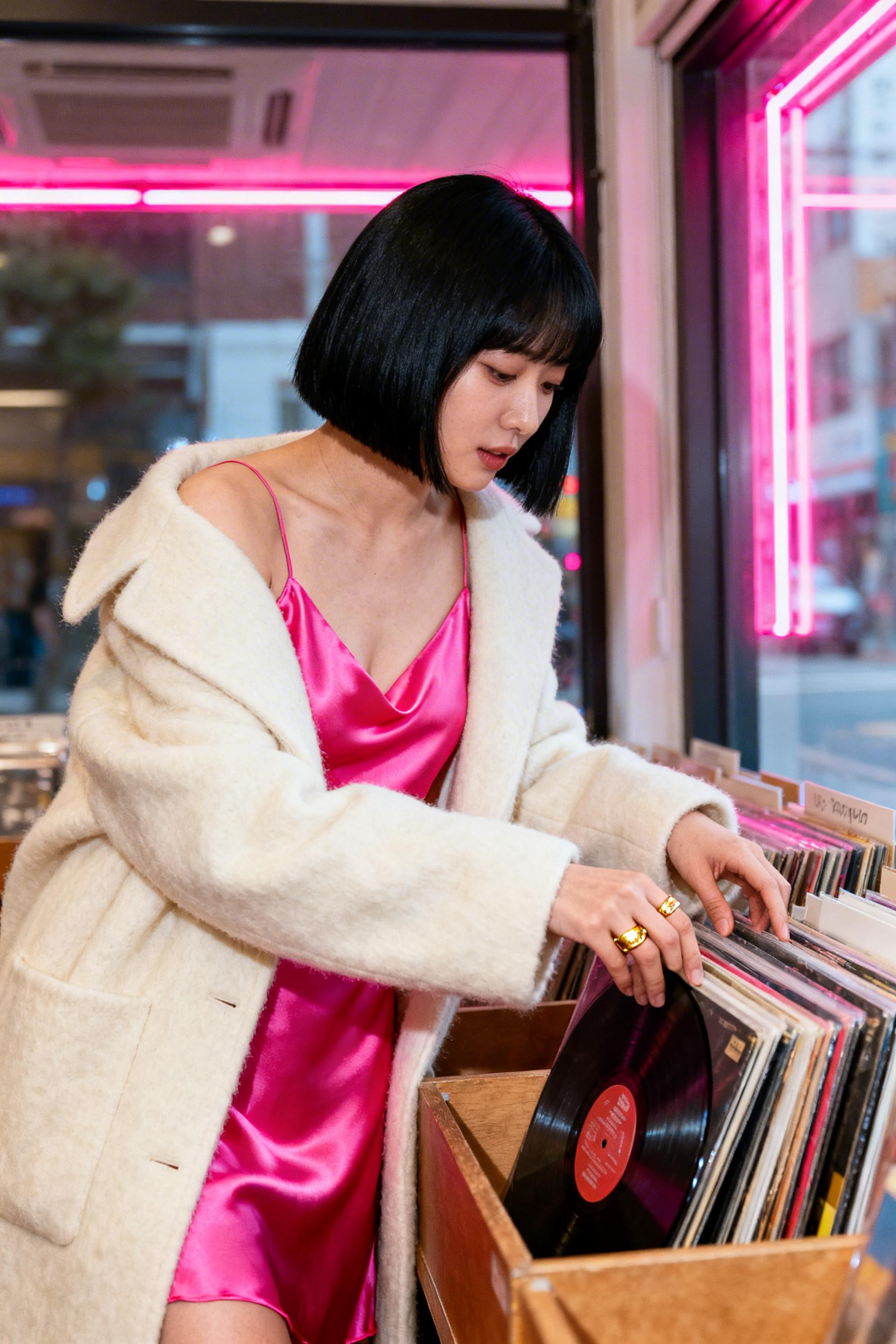 Pink Elegant Outfit - bright pink slip dress cream coat