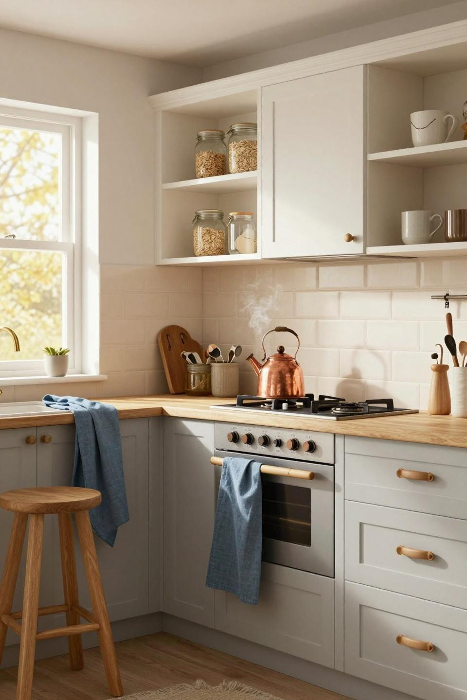 Blox burg kitchen with pale grey cabinets and birch open shelving