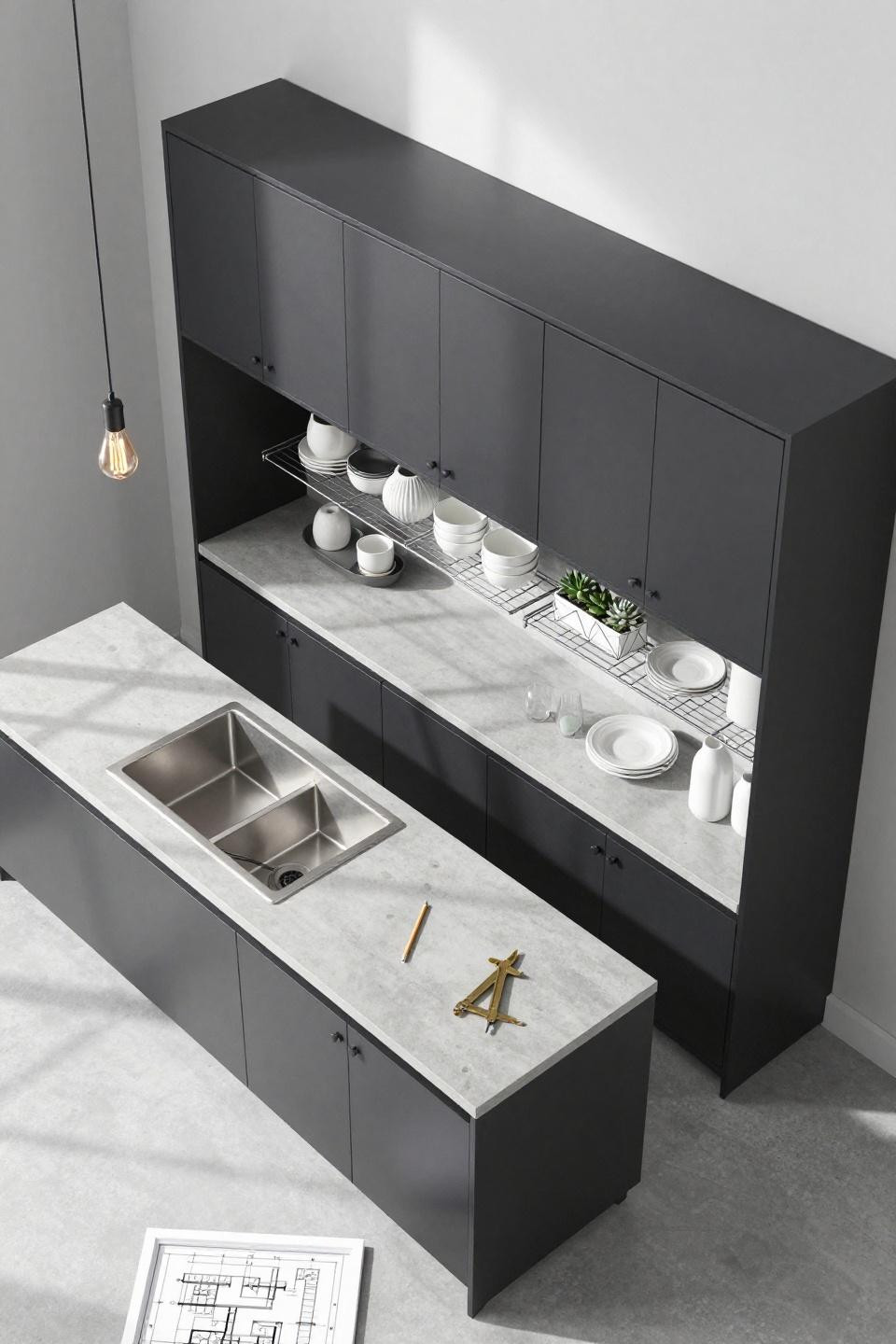 Bloxburg kitchen ideas featuring industrial black steel cabinetry with concrete countertops