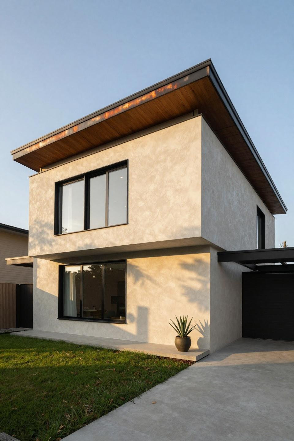 Blox burg house layout showing modern two-story house with dramatic cantilevered second floor and blackened steel frame windows