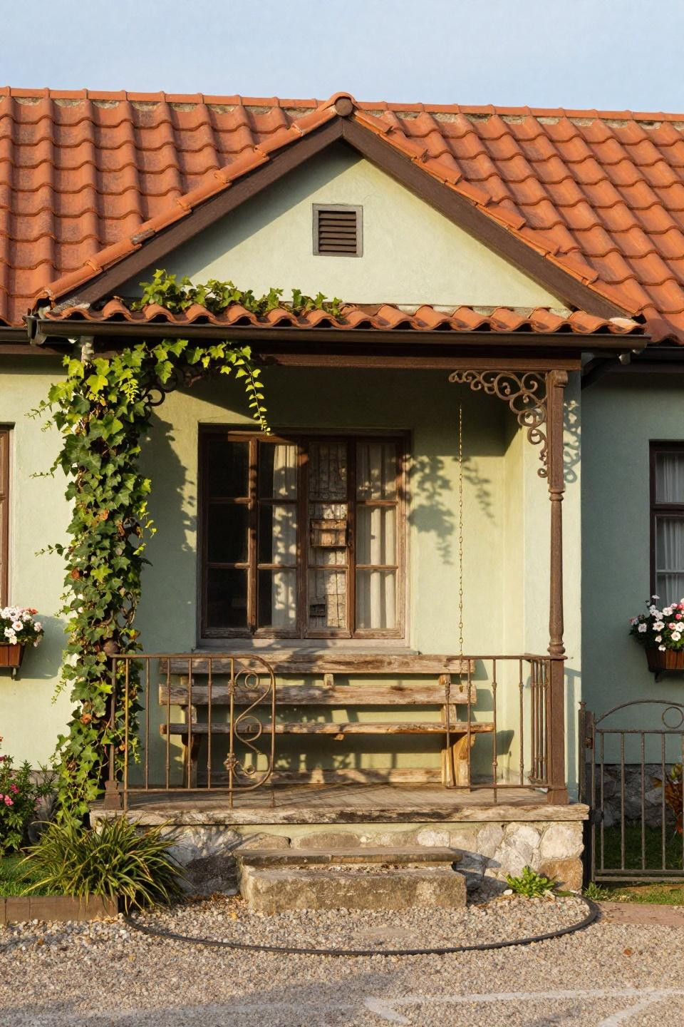 Blox burg house layout featuring charming single-story cottage with sage limewash walls and terracotta clay tile roof