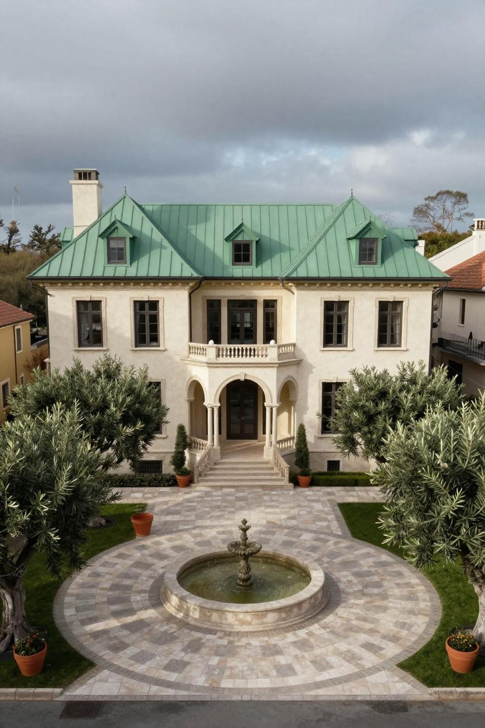 Blox burg house layout showing asymmetrical three-story mansion with staggered forest green metal rooflines and travertine courtyard