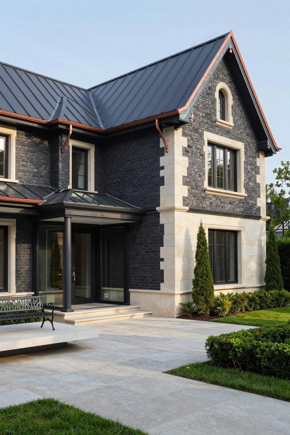 Blox burg house layout featuring grand asymmetrical estate with charcoal brick and cream limestone accent wing